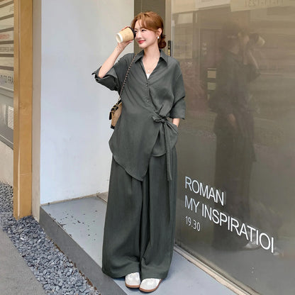 2点セット！【セットアップ】オールドマネー風 高級感 リボンタイシャツ＋ワイドパンツ 上下セット レディース 細見え【JZシリーズ】