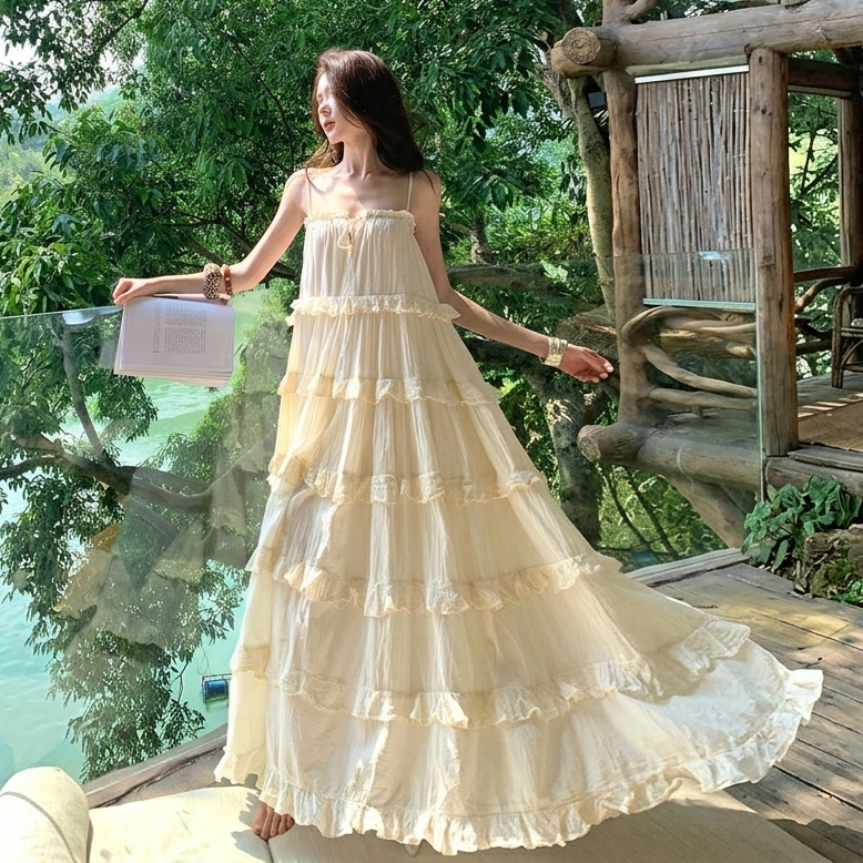 【ワンピース】タイリゾート風 海辺映え ノースリーブワンピース ふんわり大フレア ロング丈 バカンスドレス【SHシリーズ】