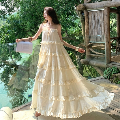 【ワンピース】タイリゾート風 海辺映え ノースリーブワンピース ふんわり大フレア ロング丈 バカンスドレス【SHシリーズ】