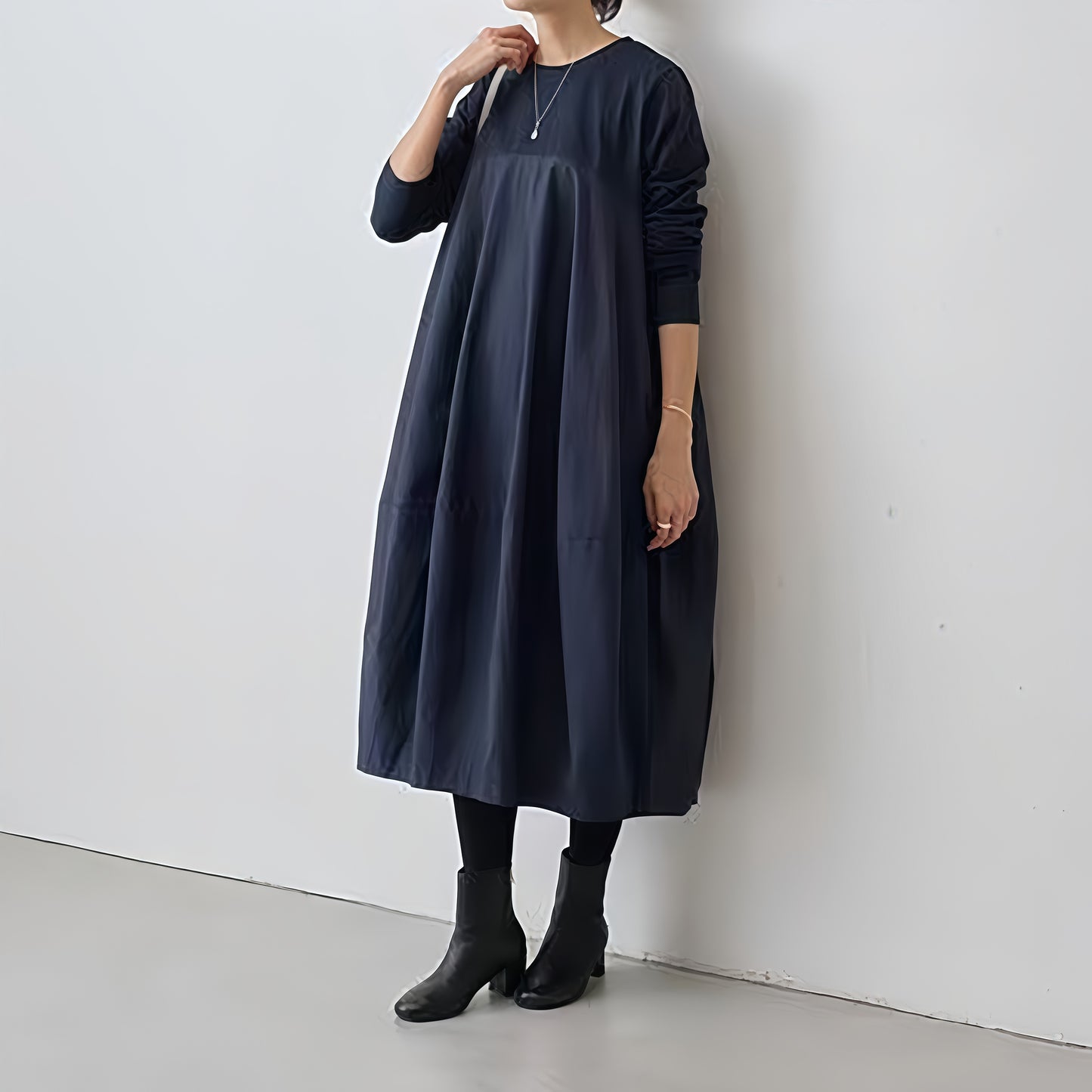 【ワンピース】春秋ラウンドネック 長袖 ニット パッチワーク ロング 長袖ワンピース