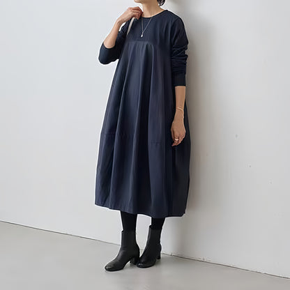 【ワンピース】春秋ラウンドネック 長袖 ニット パッチワーク ロング 長袖ワンピース