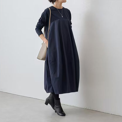 【ワンピース】春秋ラウンドネック 長袖 ニット パッチワーク ロング 長袖ワンピース