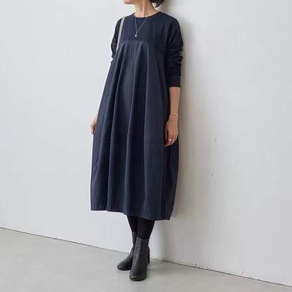 【ワンピース】春秋ラウンドネック 長袖 ニット パッチワーク ロング 長袖ワンピース
