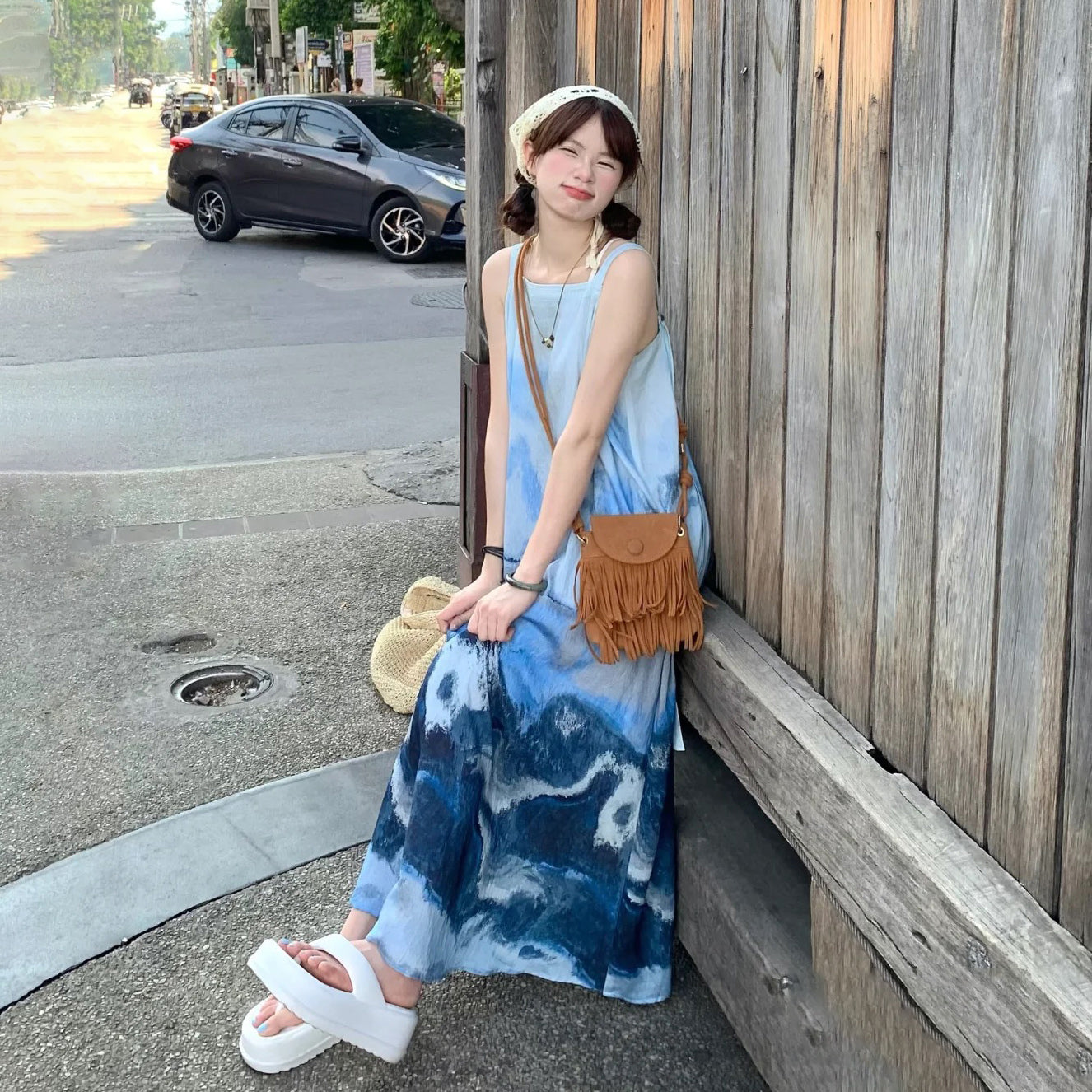 【ワンピース】上品！新中式水墨風 タイダイ柄 Aライン ノースリーブワンピース【SHシリーズ】【JZシリーズ】