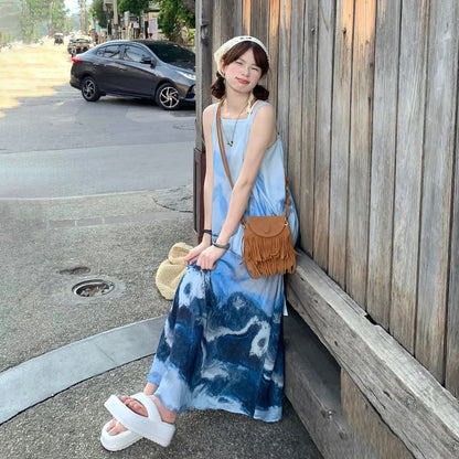 【ワンピース】上品！新中式水墨風 タイダイ柄 Aライン ノースリーブワンピース【SHシリーズ】【JZシリーズ】