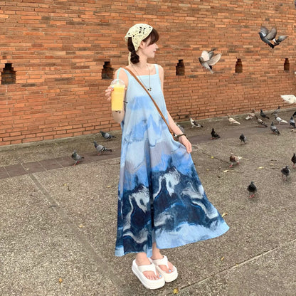 【ワンピース】上品！新中式水墨風 タイダイ柄 Aライン ノースリーブワンピース【SHシリーズ】【JZシリーズ】