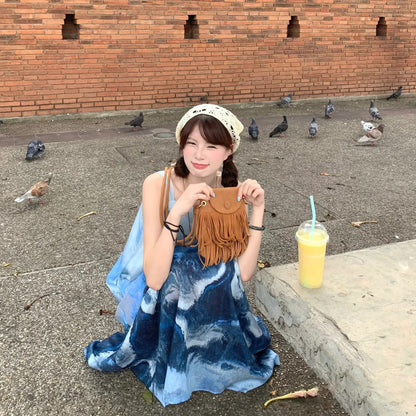 【ワンピース】上品！新中式水墨風 タイダイ柄 Aライン ノースリーブワンピース【SHシリーズ】【JZシリーズ】