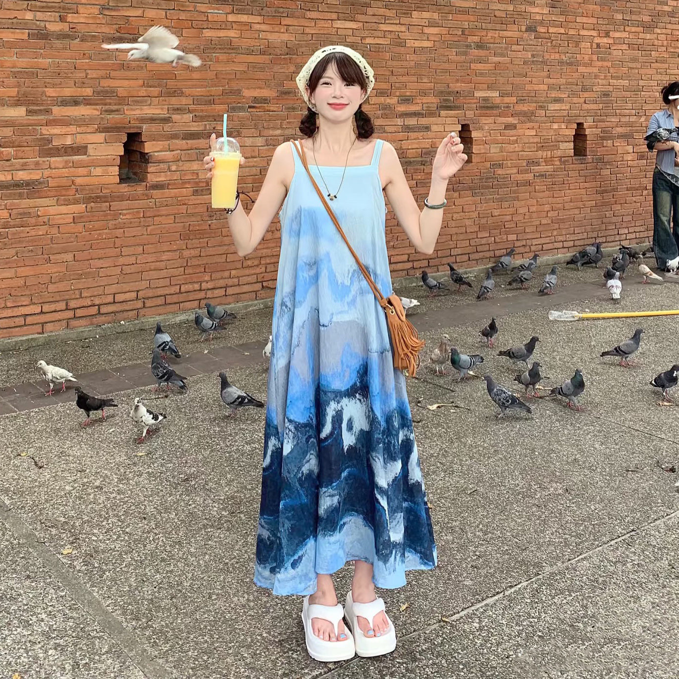 【ワンピース】上品！新中式水墨風 タイダイ柄 Aライン ノースリーブワンピース【SHシリーズ】【JZシリーズ】