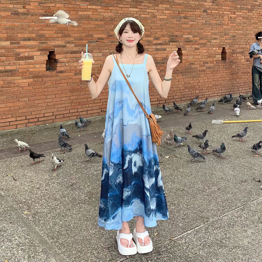 【ワンピース】上品！新中式水墨風 タイダイ柄 Aライン ノースリーブワンピース【SHシリーズ】【JZシリーズ】