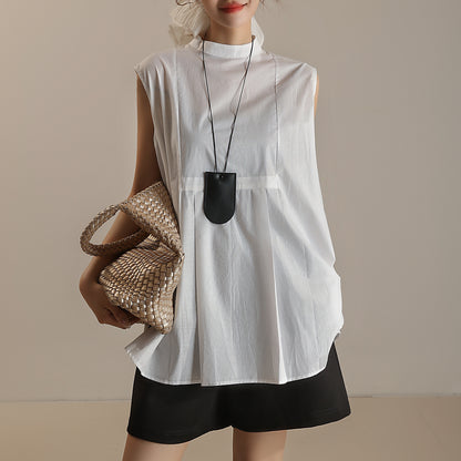 【トップス】夏 前後着用可能 ノースリーブ スタンドネック シャツ
