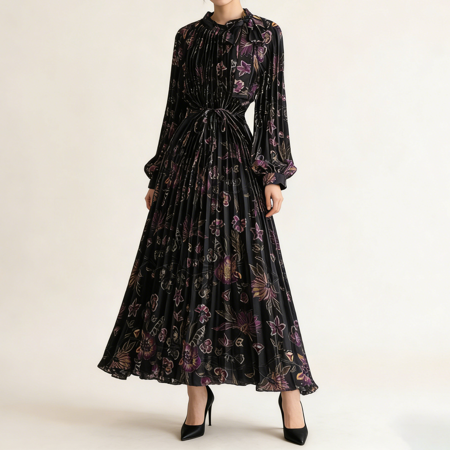 【ワンピース】【1枚で主役級】フレンチ・レトロ・マキシ長袖ワンピース ✨ 着痩せ叶う、大人の花柄【SHシリーズ】