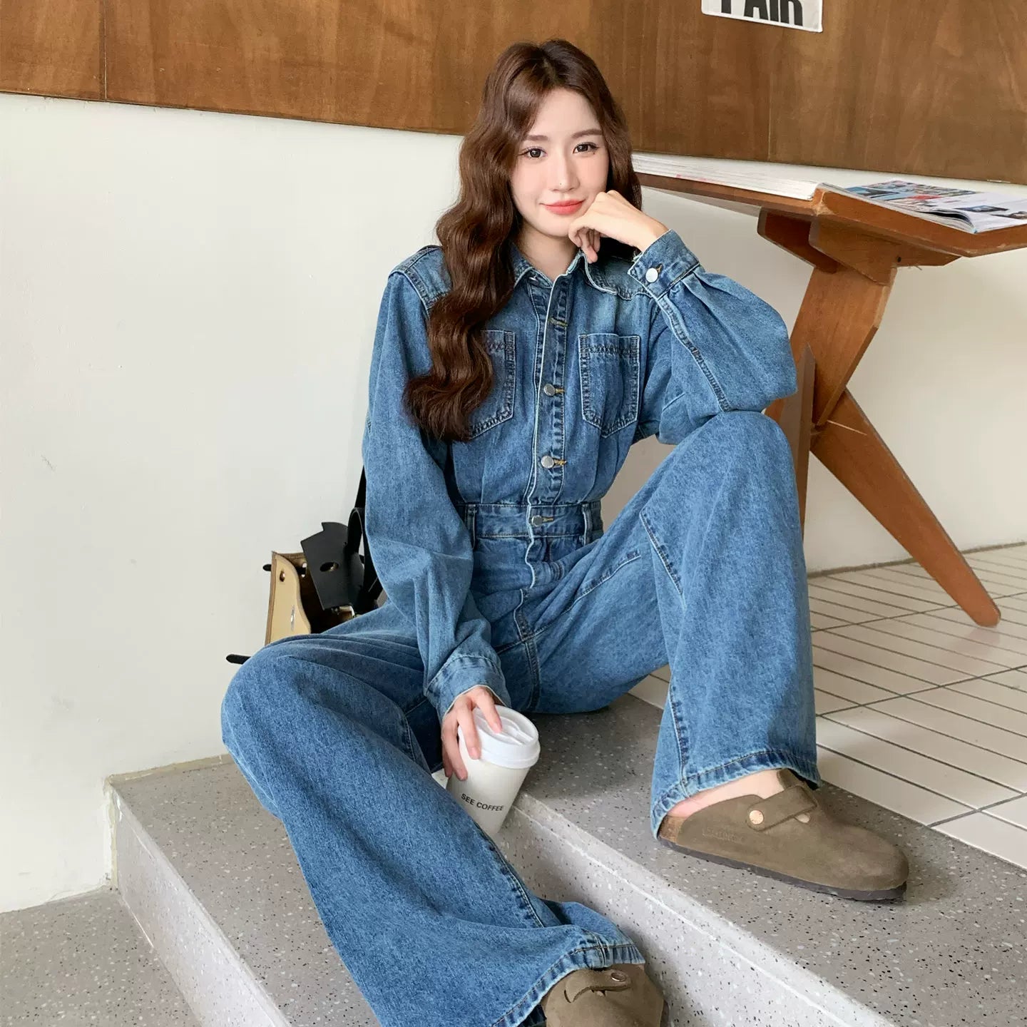 【セットアップ】レトロ 韓国風 ハイウエスト デニム 着痩せ オールインワン【JZシリーズ】