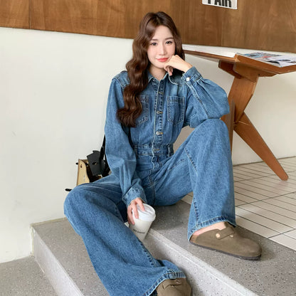 【セットアップ】レトロ 韓国風 ハイウエスト デニム 着痩せ オールインワン【JZシリーズ】