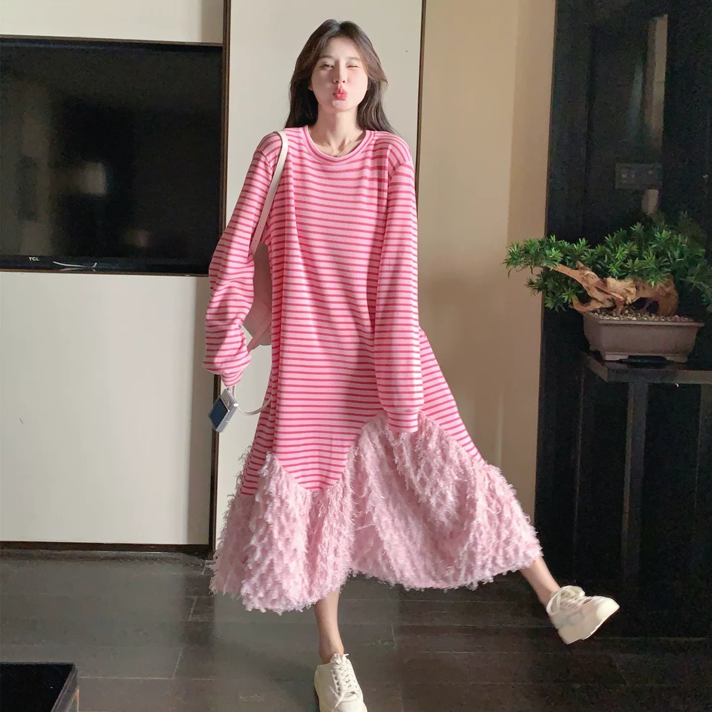 【ワンピース】カジュアル 若見え ストライプ マーメイドシルエット 着痩せ 長袖ワンピース【JZシリーズ】