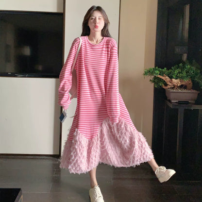 【ワンピース】カジュアル 若見え ストライプ マーメイドシルエット 着痩せ 長袖ワンピース【JZシリーズ】