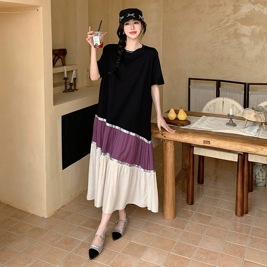 【ワンピース】レイヤード風 切り替えデザイン 配色デザイン ロング丈 半袖 ワンピース 【SHシリーズ】