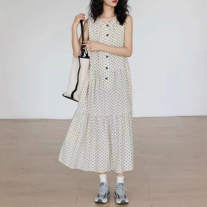 【ワンピース】ノースリーブ ワンピース レディース 夏 ドット柄 Aライン ロングワンピース ゆったり リゾート カジュアル【JZシリーズ】