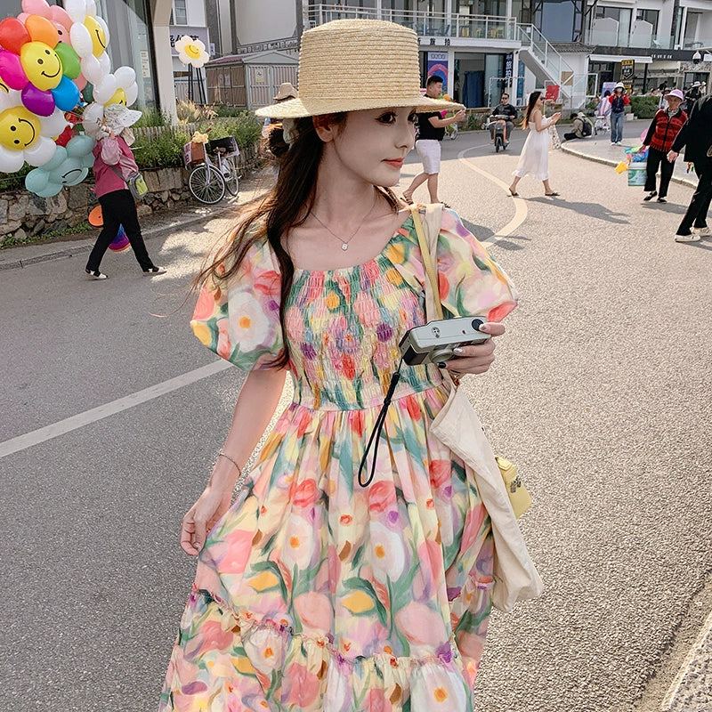 ワンピース】夏新作 ドーパミン配色トレンド 小花柄 パフスリーブ 半袖
