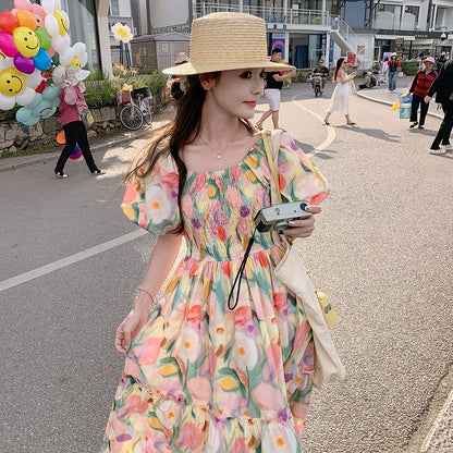 【ワンピース】夏新作 ドーパミン配色トレンド 小花柄 パフスリーブ 半袖ワンピース【SHシリーズ】