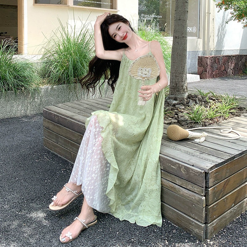 【ワンピース】グリーン ダブルレイヤー 小花柄 キャミワンピース 夏 レディース フェミニン リゾートワンピ【SHシリーズ】