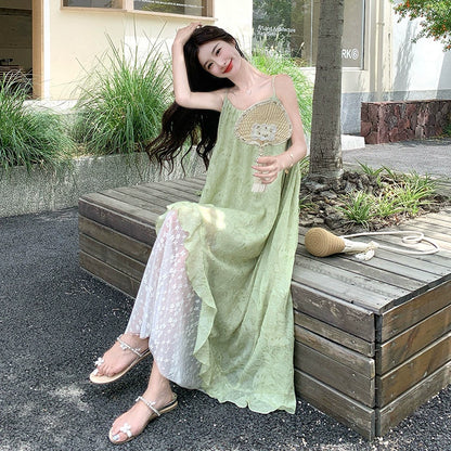 【ワンピース】グリーン ダブルレイヤー 小花柄 キャミワンピース 夏 レディース フェミニン リゾートワンピ【SHシリーズ】