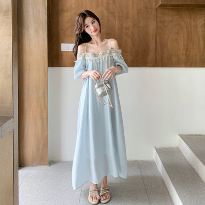 【ワンピース】ロマンチックバカンス風 ゆったりオフショルダー フリンジ ノースリーブワンピース