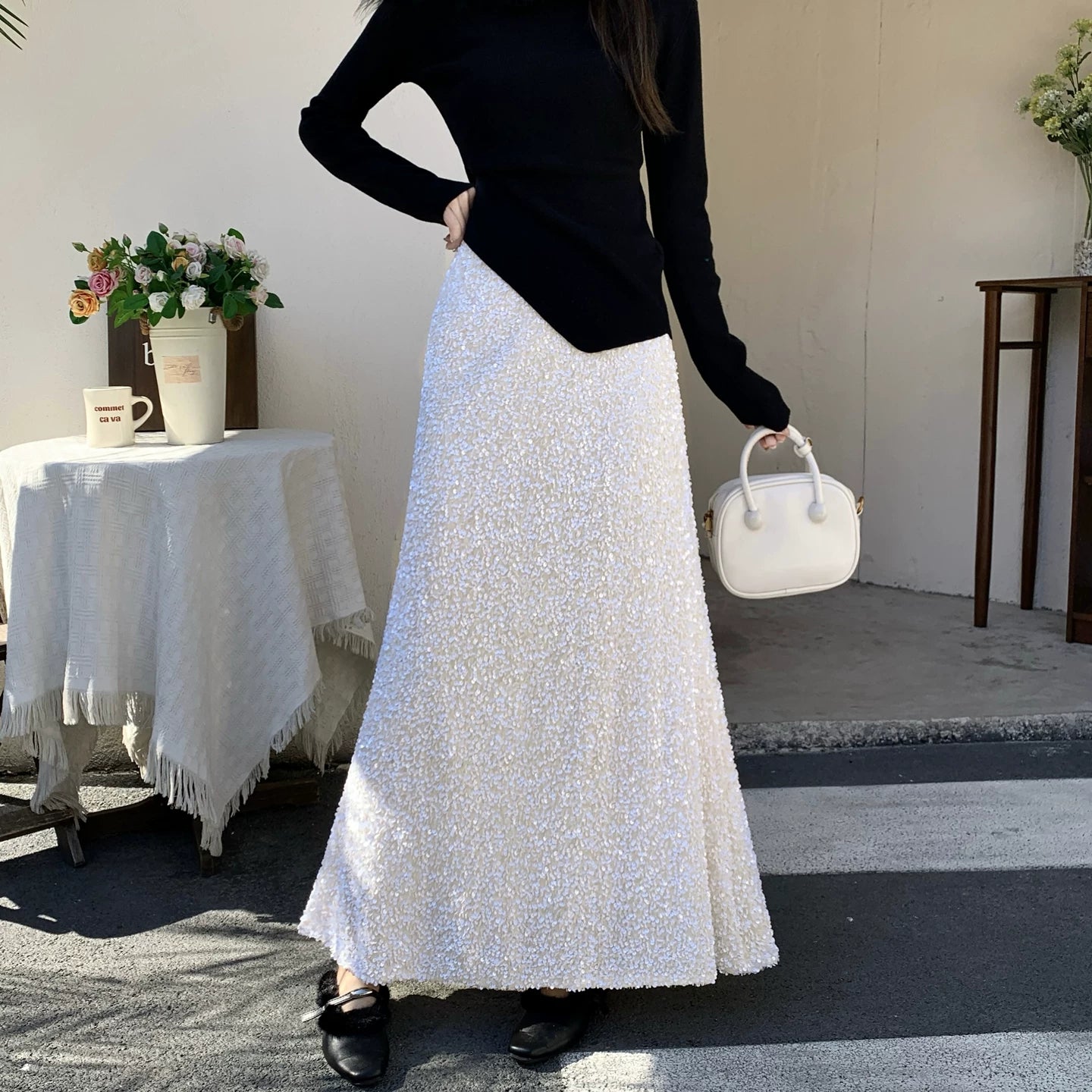 【ボトムス】ドレープ感ラメスカート レディース 秋冬 ハイウエスト Aライン ヒップカバー きれいめ ミディ丈【JZシリーズ】