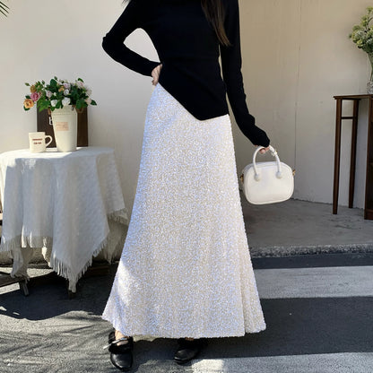 【ボトムス】ドレープ感ラメスカート レディース 秋冬 ハイウエスト Aライン ヒップカバー きれいめ ミディ丈【JZシリーズ】