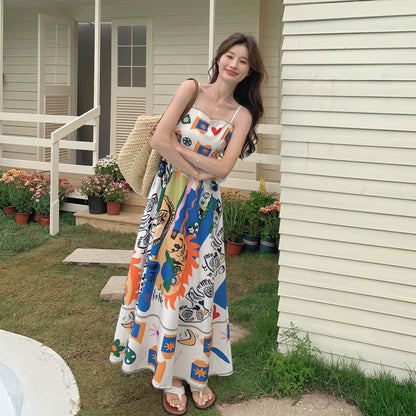 【ワンピース】レトロ油絵プリント ビーチバカンス 夏 高級感 ノースリーブワンピース【SHシリーズ】