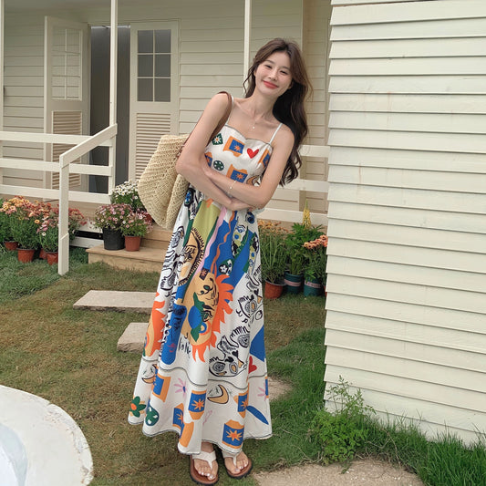 【ワンピース】レトロ油絵プリント ビーチバカンス 夏 高級感 ノースリーブワンピース【SHシリーズ】