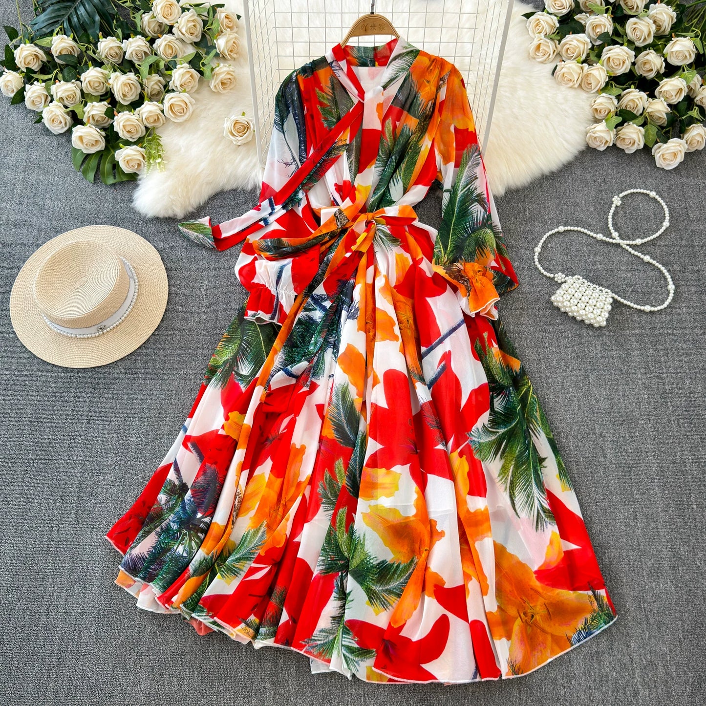 【ワンピース】フレンチエレガンス 気質 レディース シフォン 長袖ワンピース 蝶結びネック フレア 大人可愛い【SHシリーズ】