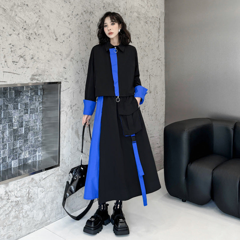 2点セット！【セットアップ】モードデザイン 配色切替 ショートトップス＋ウエストゴム スカート 上下セット レディース 春秋【AHシリーズ】