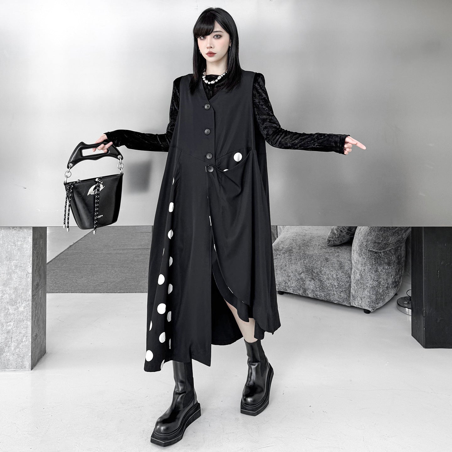 【トップス】不規則デザイン ドット柄 ロングベスト レディース 春秋 新作 ファッション【AHシリーズ】