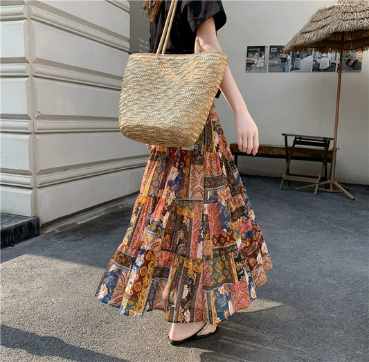 【ボトムス】夏 ボヘミアンリゾート風 フラワープリント 高級感 スカート【SHシリーズ】