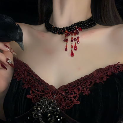 【ハロウィン】ゴシック風 血糊パール フリンジチョーカー ダークアクセサリー ネックレス