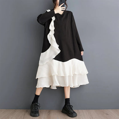 【ワンピース】Vネック 長袖ワンピース 配色切替 フリルデザイン ロング丈 大きいサイズ レディース ゆったりシルエット 着痩せ
【AHシリーズ】