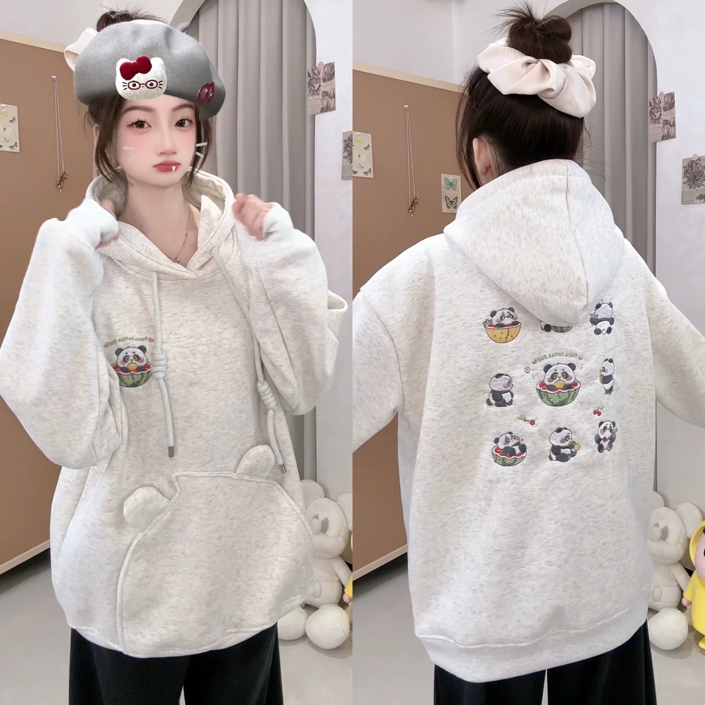 【トップス】韓国風 ゆるシルエット 🐼パンダ刺繍 裏起毛 パーカー レディース 秋冬【FCシリーズ】