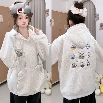【トップス】韓国風 ゆるシルエット 🐼パンダ刺繍 裏起毛 パーカー レディース 秋冬【FCシリーズ】