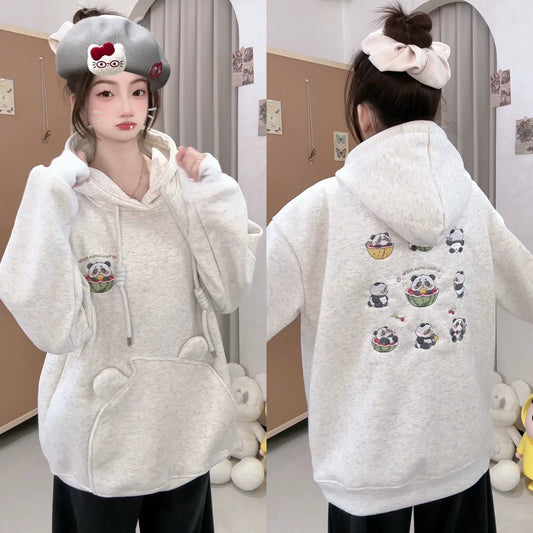 【トップス】韓国風 ゆるシルエット 🐼パンダ刺繍 裏起毛 パーカー レディース 秋冬【FCシリーズ】