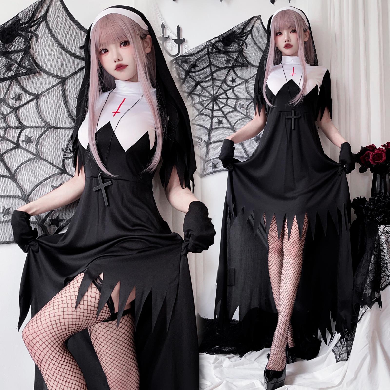 ハロウィン】レディース コスプレ 修道女 十字架 聖母風 ダーク ロング