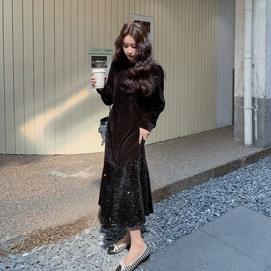 【ワンピース】🌸スタイルアップ♡ ベルベットワンピ 韓国風 長袖ワンピース 着痩せ効果 【JZシリーズ】