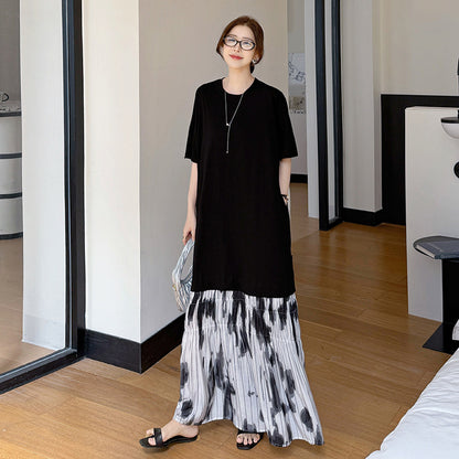 【ワンピース】夏 大きいサイズ レディース 水墨染め フレアスカート 半袖 ワンピース ゆったりサイズ【SHシリーズ】