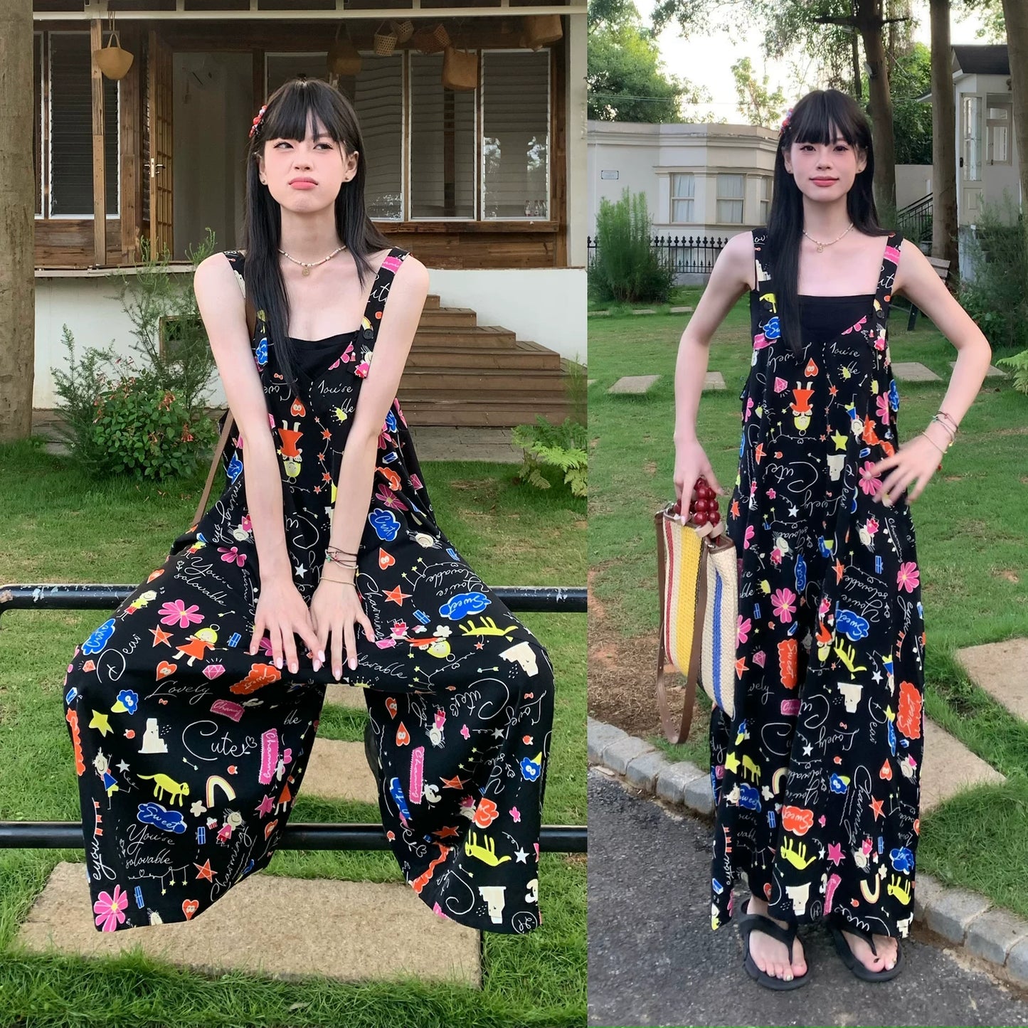 【ボトムス】サロペット レディース 2026新作 夏 ブラックプリント キャミソール オールインワン ワイドパンツ ルーズ リゾート風 クール【SHシリーズ】