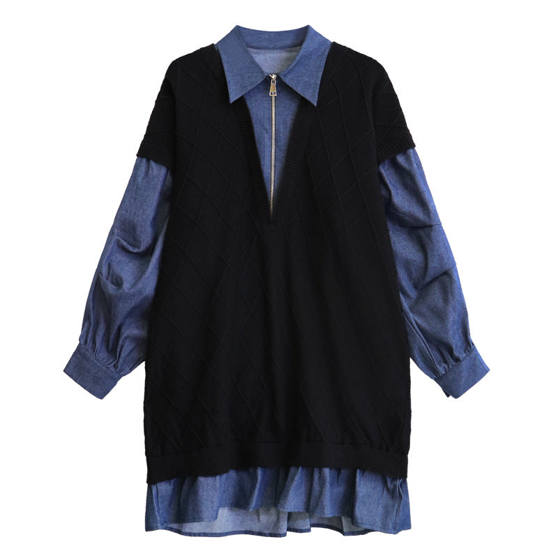 【ワンピース】デニム切り替えニットワンピース レディース 秋冬新作 ゆったりシルエット カジュアル長袖セーター ワンピース【AHシリーズ】