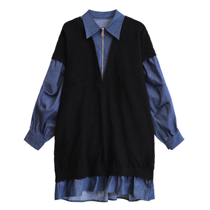 【ワンピース】デニム切り替えニットワンピース レディース 秋冬新作 ゆったりシルエット カジュアル長袖セーター ワンピース【AHシリーズ】