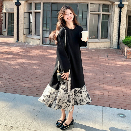 【ワンピース】春 秋 冬 大人フェミニン 墨絵プリント 気質よい 着痩せ 長袖ワンピース【SHシリーズ】