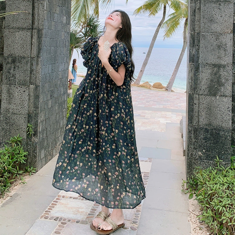【ワンピース】ビーチリゾート風 リラックス感 花柄 半袖ワンピース レディース  個性的で美しいロングドレス【SHシリーズ】