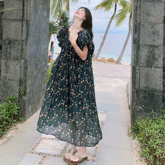 【ワンピース】ビーチリゾート風 リラックス感 花柄 半袖ワンピース レディース  個性的で美しいロングドレス【SHシリーズ】