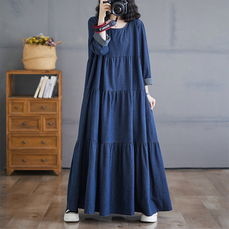 【24AW】【ワンピース】レトロ ゆったり プラスサイズ 長袖デニムワンピース