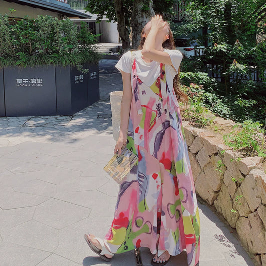 【ボトムス】韓国風 ピンクサロペット レディース 夏 プリント ワイドシルエット ゆったり 大人可愛い オールインワン【SHシリーズ】